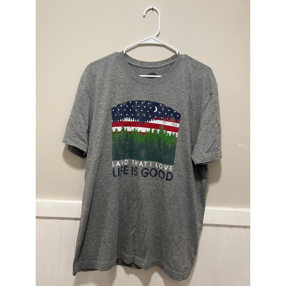 Life is Good T-Shirt Short Sleeve Patriotic Flag Forest Outdoors Men Sz Large